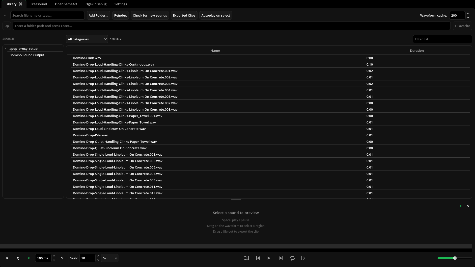 Audio Drop library view listing domino sounds